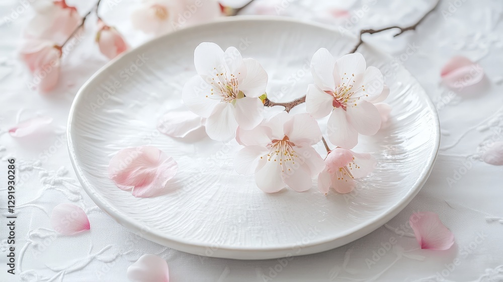 Delicate cherry blossoms on white plate with soft petals Delicate cherry blossoms on white plate with soft petals