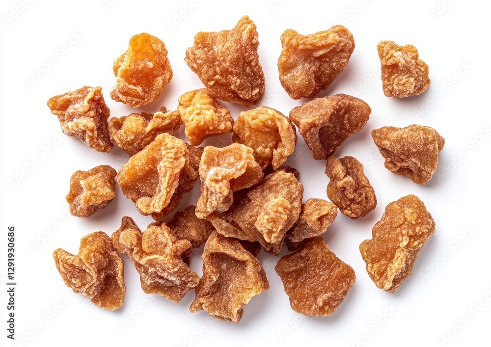 Organic golden brown resin pieces scattered on a white background showcasing natural texture and earthy tones ideal for food or ingredient representation Organic golden brown resin pieces scattered on a white background showcasing natural texture and earthy tones ideal for food or ingredient representation
