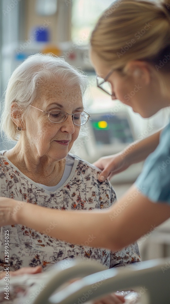 Obraz premium Compassionate healthcare worker providing attentive care to elderly patient in nursing home, demonstrating professional medical support and gentle communication approach.