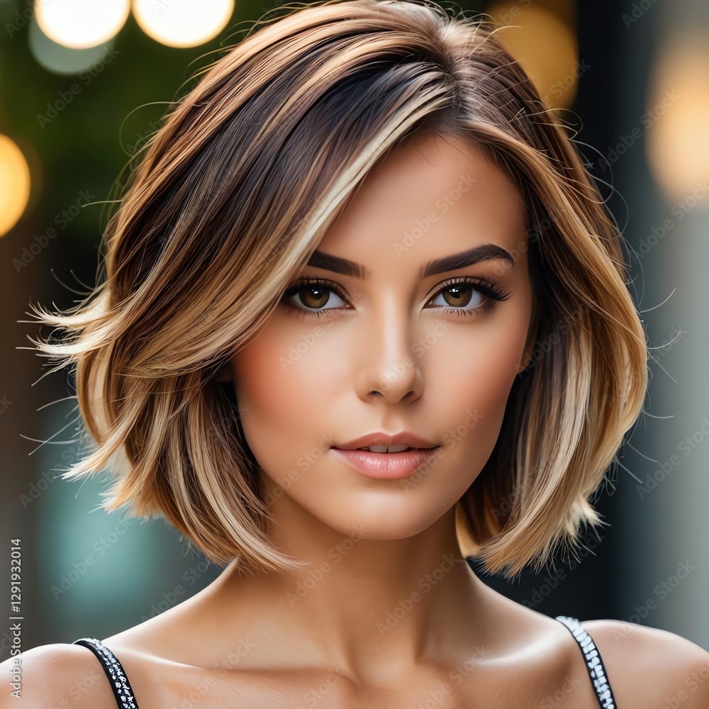 Obraz premium A captivating image of a woman with a highlighted hairstyle, ideal for posters, banners, flyers, and name cards for a hair salon business.