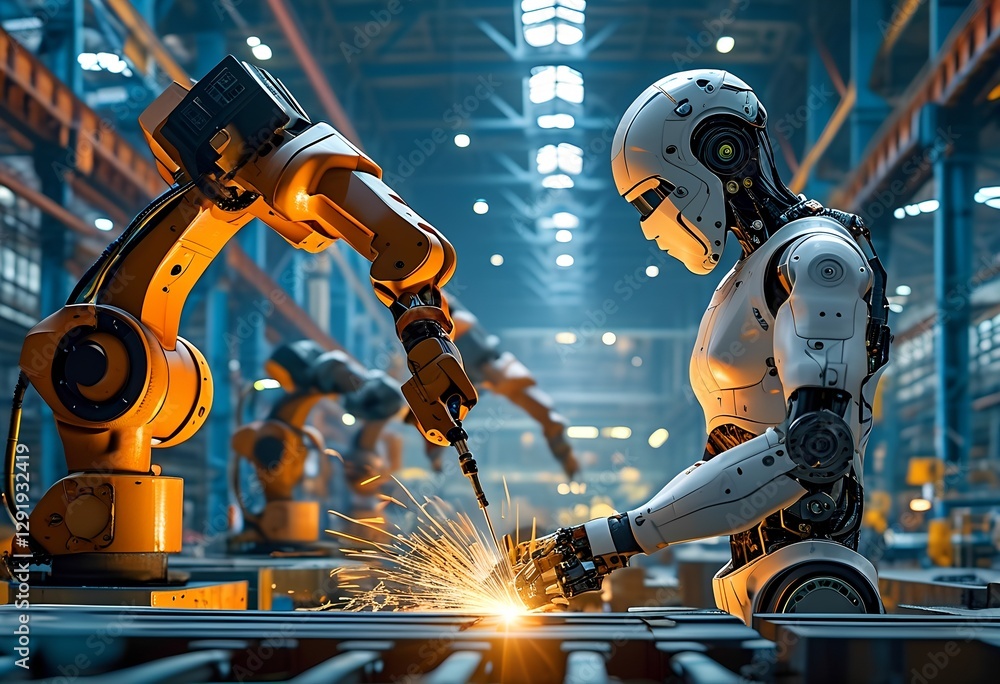 A robotic arm performs welding tasks while another robot observes the process in a vibrant manufacturing facility. The environment is filled with production equipment and energy. A robotic arm performs welding tasks while another robot observes the process in a vibrant manufacturing facility. The environment is filled with production equipment and energy.