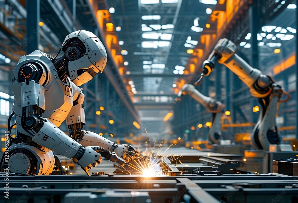 Automated robotic arms engage in welding tasks within a busy manufacturing facility. Sparks fly as they work efficiently, illustrating advanced technology. Automated robotic arms engage in welding tasks within a busy manufacturing facility. Sparks fly as they work efficiently, illustrating advanced technology.