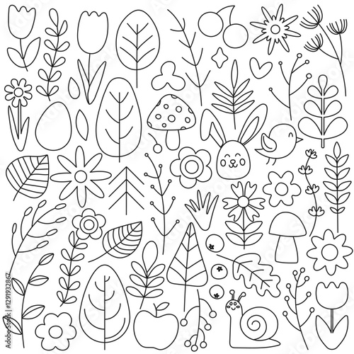 Hand drawn black and white doodle set of various flowers, mushrooms, leaves, trees, and berries. Cute floral line art illustration for coloring pages, kids activities, and creative designs.