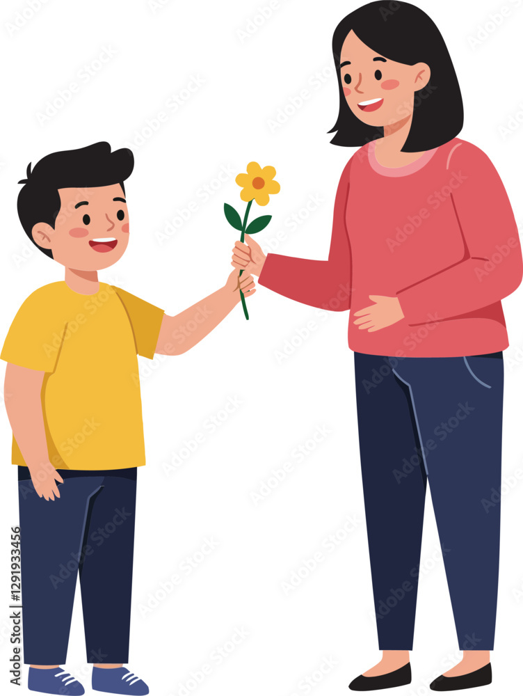 A cheerful boy presenting a yellow flower to a smiling woman in a flat design style vector illustration capturing a moment of affection and joy in a simple setting A cheerful boy presenting a yellow flower to a smiling woman in a flat design style vector illustration capturing a moment of affection and joy in a simple setting