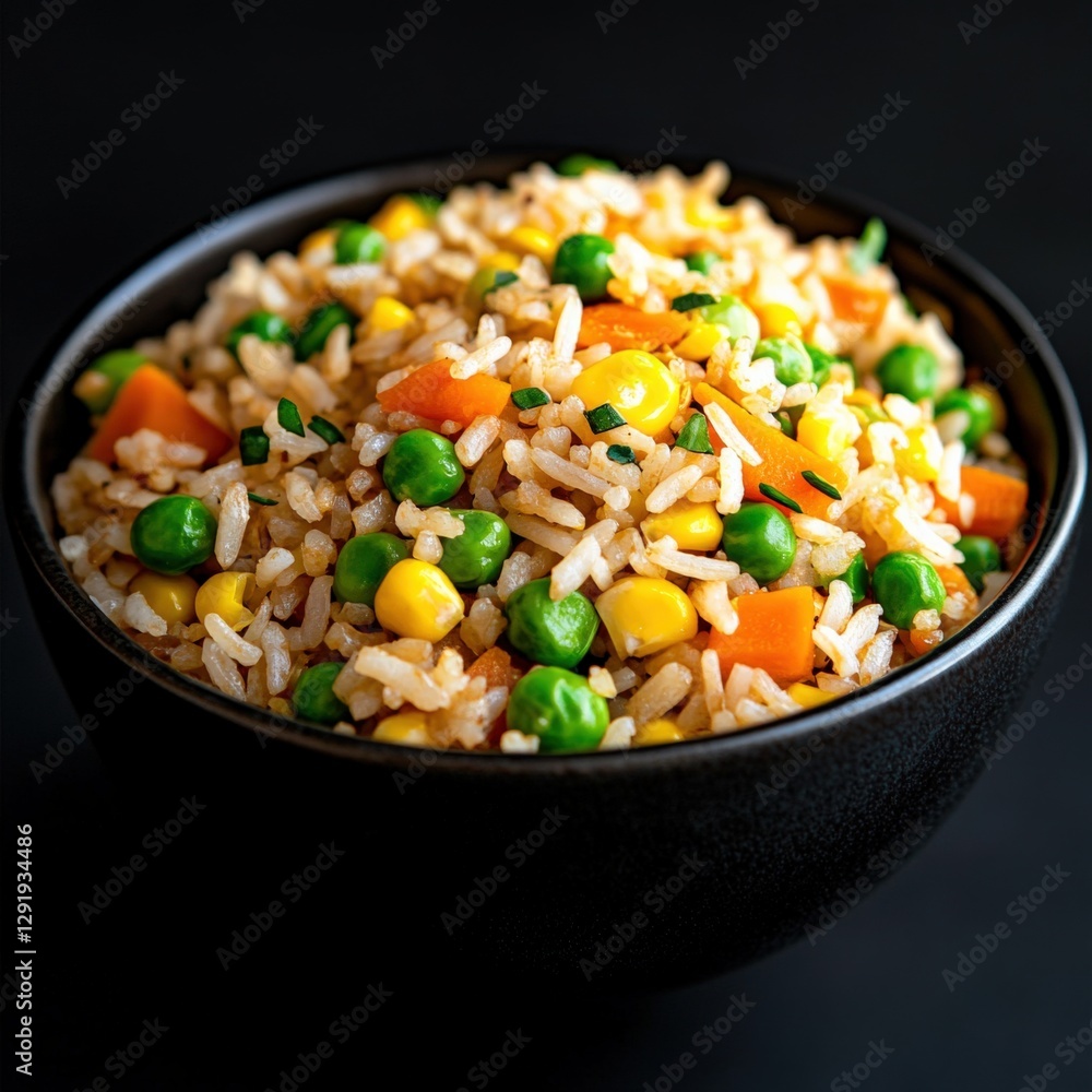 fried rice with vegetables in a black bowl fried rice with vegetables in a black bowl