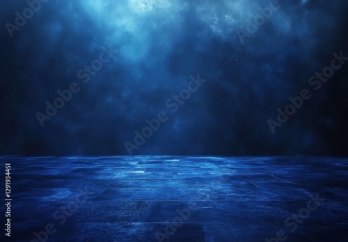 Empty futuristic sci-fi floor reflecting dramatic blue night sky with stars and clouds