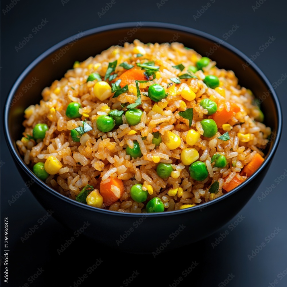 Bowl of Fried Rice with Vegetables on a Dark Background Bowl of Fried Rice with Vegetables on a Dark Background