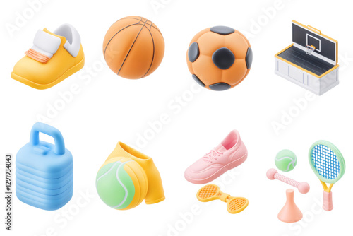 A vibrant collection of 3D cartoon-style sports items arranged in a grid, showcasing basketball, soccer, and tennis equipment in a fun and whimsical design on a white background