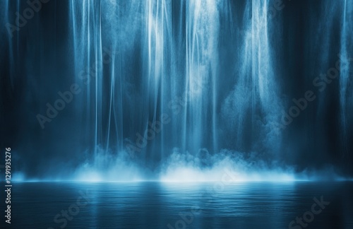 Empty dark room with glowing waterfall and smoke reflecting on wet floor