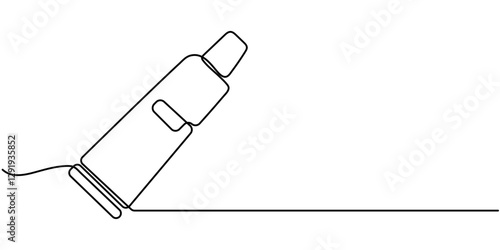 Continuous line drawing of toothbrush and toothpaste, object one line, single line art, vector illustration, Continuous one line drawing of close up of a toothpaste tube in silhouette on a white. 
