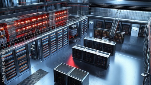 Rows of efficient server racks integrated with sophisticated cooling systems.