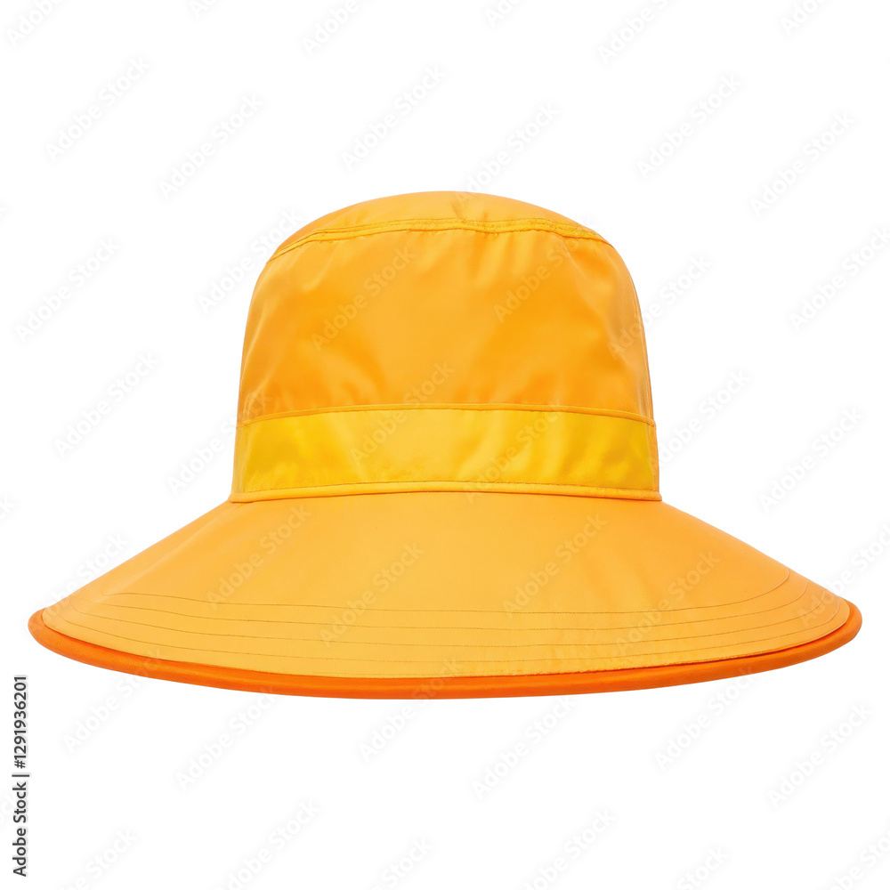 spring season equipment, Bright yellow sun hat with a wide brim isolated on a white background. spring season equipment, Bright yellow sun hat with a wide brim isolated on a white background.