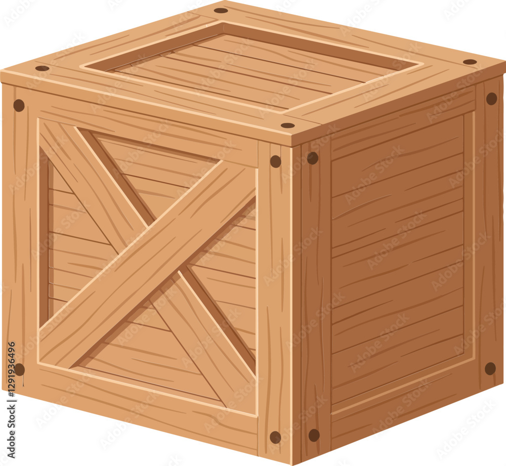Wooden storage crate designed in a minimal style showcasing natural wood texture and structure in detailed vector illustration
