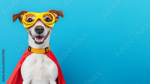 Super Dog in Red Cape and Yellow Glasses - Happy dog wearing a red superhero cape and yellow goggles smiles at the camera against a bright blue background