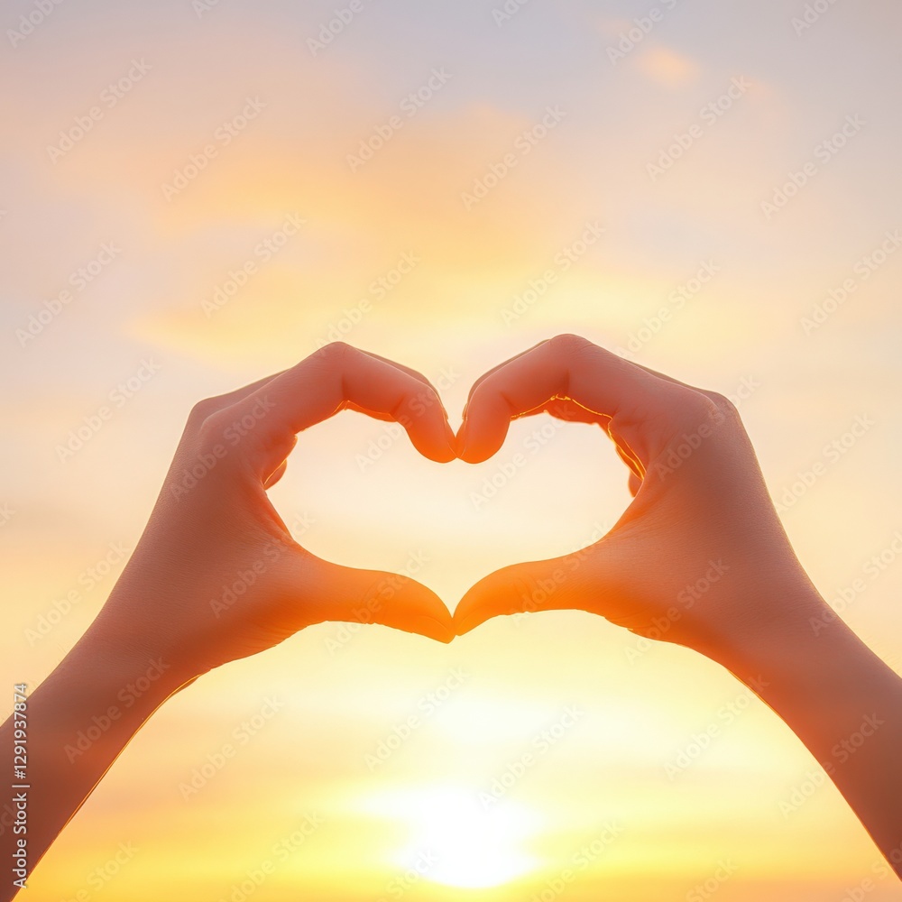 Obraz premium hands making a heart shape with sunset background