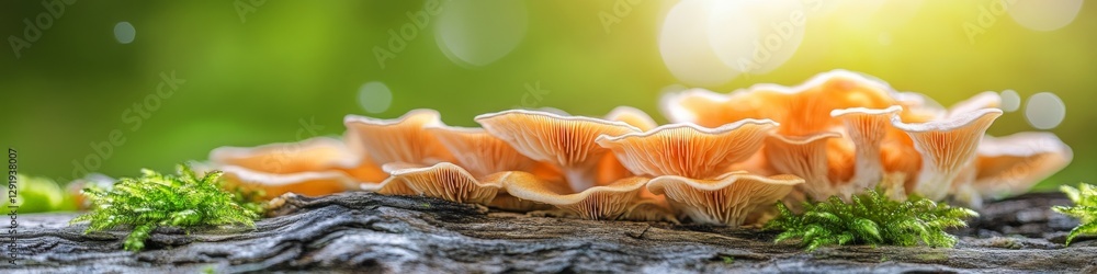 Cluster of delicate, pale orange mushrooms growing on a mossy log bathed in sunlight. Cluster of delicate, pale orange mushrooms growing on a mossy log bathed in sunlight.