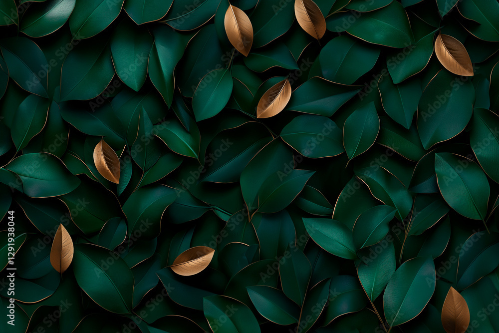 Dark botanical pattern with glossy green foliage and metallic gold details. Elegant nature-inspired composition adds richness and depth to luxury backgrounds and designs. Dark botanical pattern with glossy green foliage and metallic gold details. Elegant nature-inspired composition adds richness and depth to luxury backgrounds and designs.