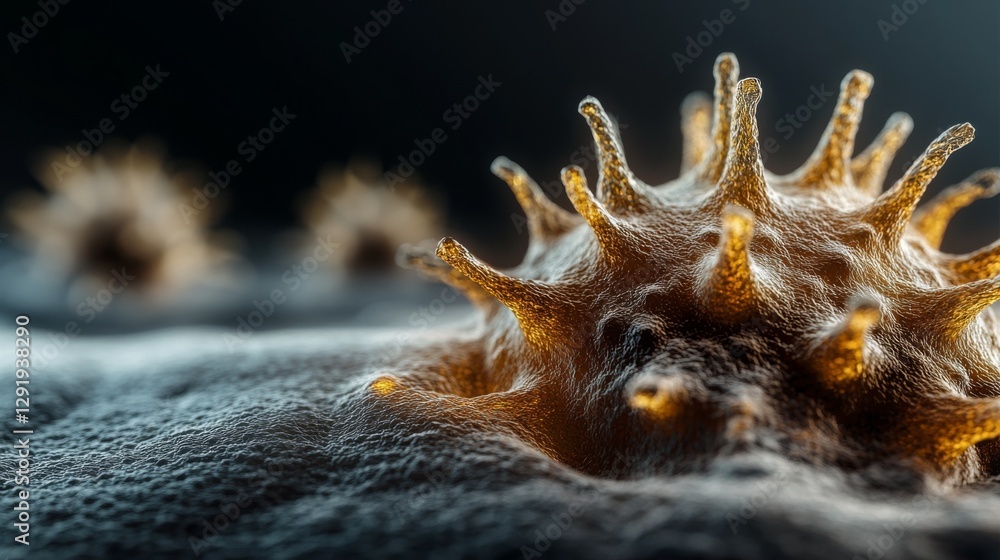 Microscopic view of a virus, intricate details highlighted. Microscopic view of a virus, intricate details highlighted.