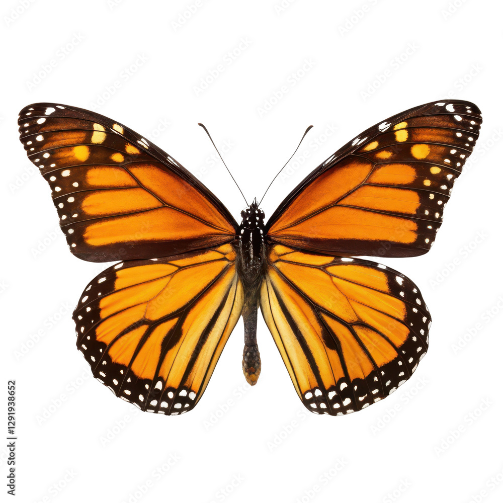 Fototapeta premium spring season equipment, Monarch butterfly with vibrant orange and black wings isolated on a white background.