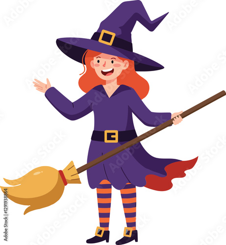 Cheerful young witch in a purple dress and hat holding a broomstick in a playful pose, flat vector illustration
