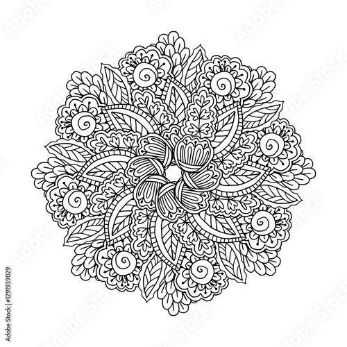 Round floral mandala. Black and white coloring page for adults. Vector illustration.