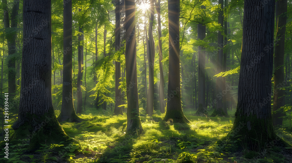 Obraz premium Sunlit Tranquility: A Serene Walk Through a Lush Green Forest