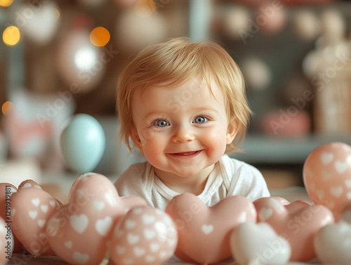 Smiling Baby Surrounded by Pink Heart Balloons, Adorable Toddler with Blonde Hair and Blue Eyes, Festive Holiday Background, Cute and Joyful Portrait, Baby's First Valentine's Day