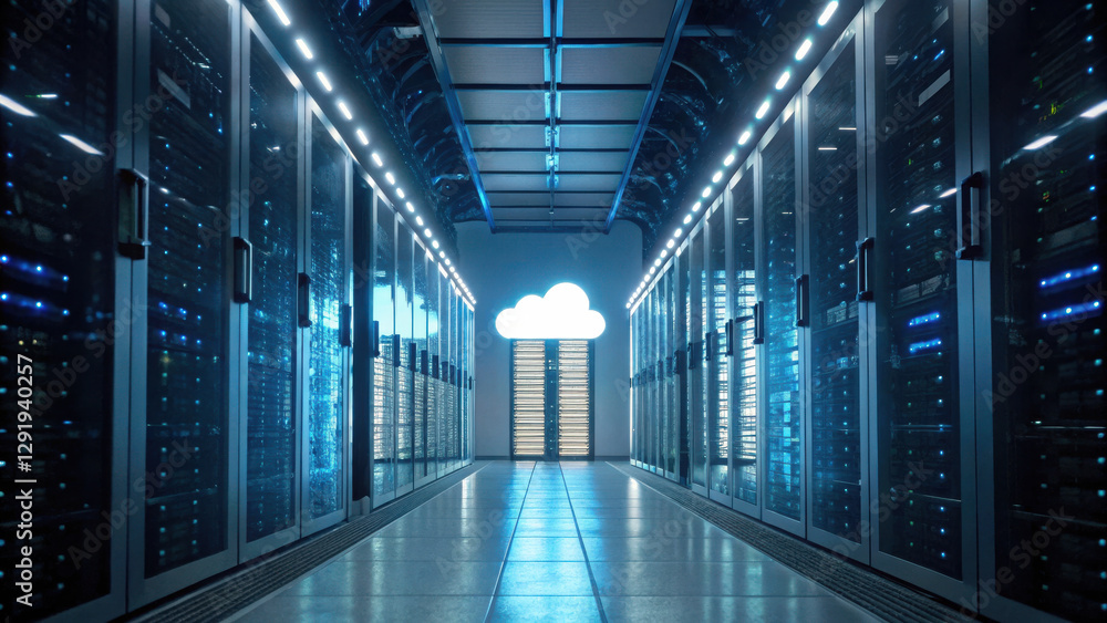 secure cloud storage concept, Data center with server racks and cloud symbol, showcasing technology secure cloud storage concept, Data center with server racks and cloud symbol, showcasing technology