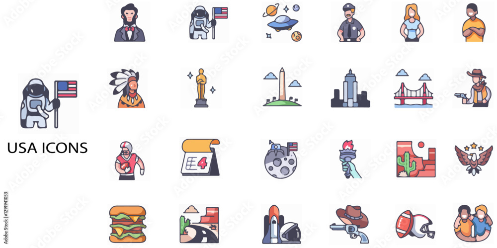 Fototapeta premium USA simple concept 24 colour icons set. Contains such USA flag .Vector illustration.
