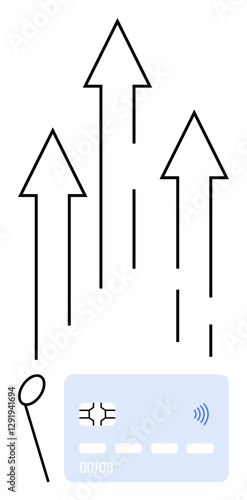 Arrows pointing upward symbolize progress. Blue contactless payment card highlights digital payments. Ideal for finance, technology, growth, innovation, business, payment, abstract line flat metaphor