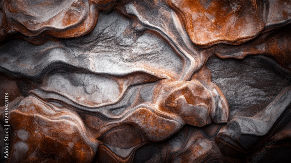 Abstract rock formation with swirling patterns in shades of brown and gray. Abstract rock formation with swirling patterns in shades of brown and gray.