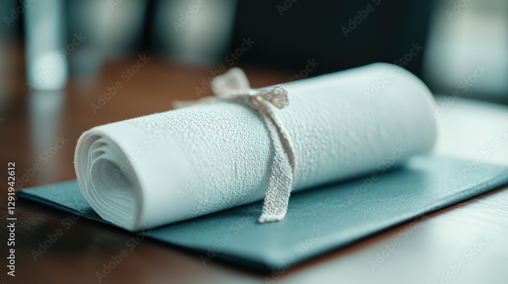 Fototapeta premium Rolled white fabric napkin tied with a simple string sits on a dark placemat on a wooden restaurant table.