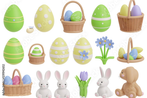 Bright and cheerful 3D Easter decorations showcase various eggs, playful bunnies, and baskets in a neat 2x2 grid. Each item brings a festive spirit to any celebration