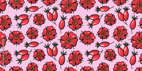 Sweetbriars roses hand drawn flowers and ripe fruits seamless pattern in vintage style on light pink background. Wild rose authentic wallpaper for textiles, wrapping paper etc. Romantic chic design