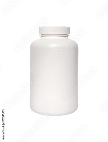 White medicine bottle mockup isolated. Blank packaging or white plastic bottle for supplement or vitamin product. Design mock-up. PNG with transparent background. Flat lay. Clipping path