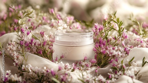 Wallpaper Mural Cream jar nestled among delicate pink flowers Torontodigital.ca