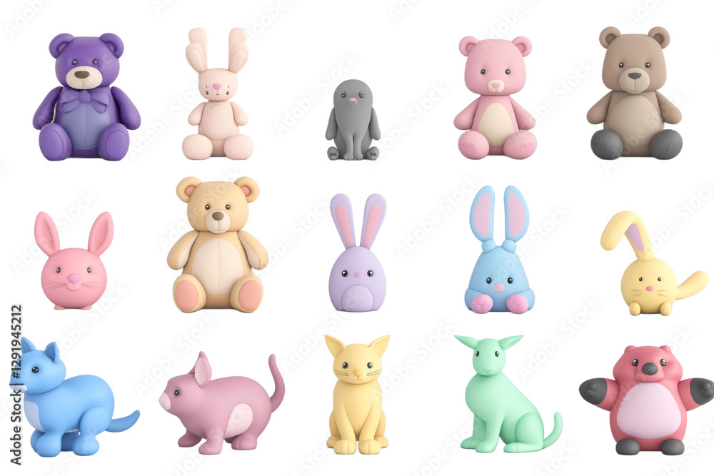 Naklejka premium A delightful assortment of 3D rendered plush toys displayed in a grid format showcases adorable animals like teddy bears, rabbits, and cats