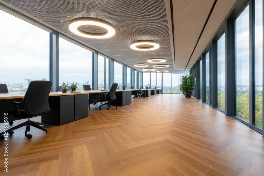 modern office interior with herringbone floor and city views