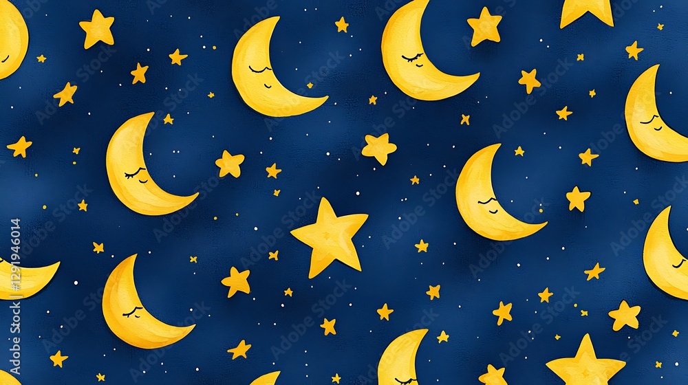 Moon, stars pattern on blue sky backdrop for night themed design projects, presentations, and greeting cards Moon, stars pattern on blue sky backdrop for night themed design projects, presentations, and greeting cards