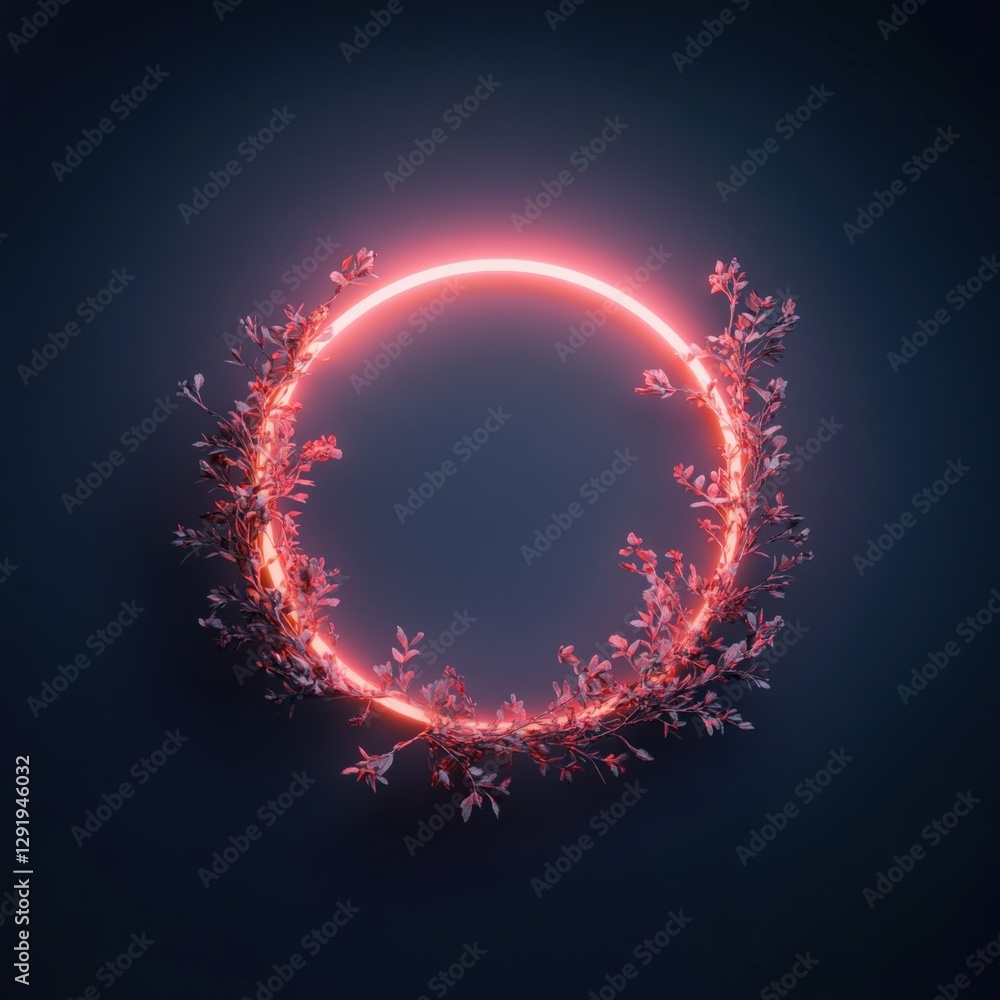Glowing Neon Circle Frame with Floral Accents