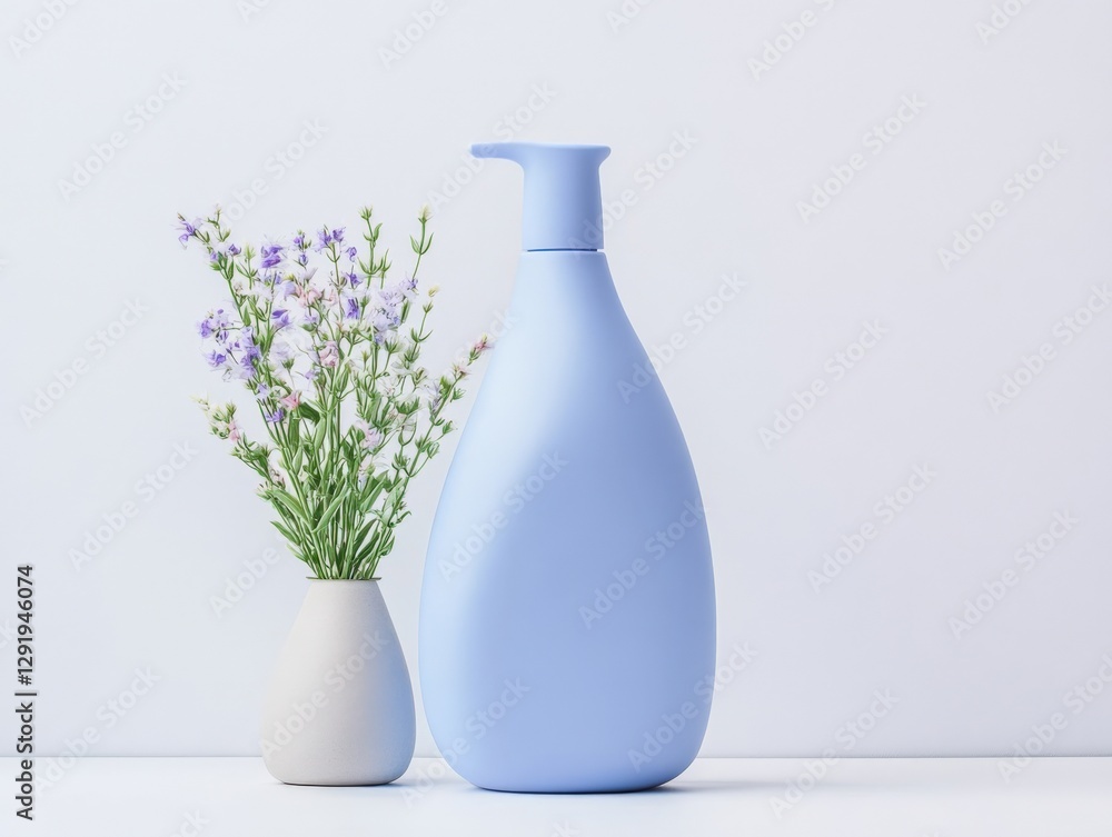 blue pump bottle with flowers in vase