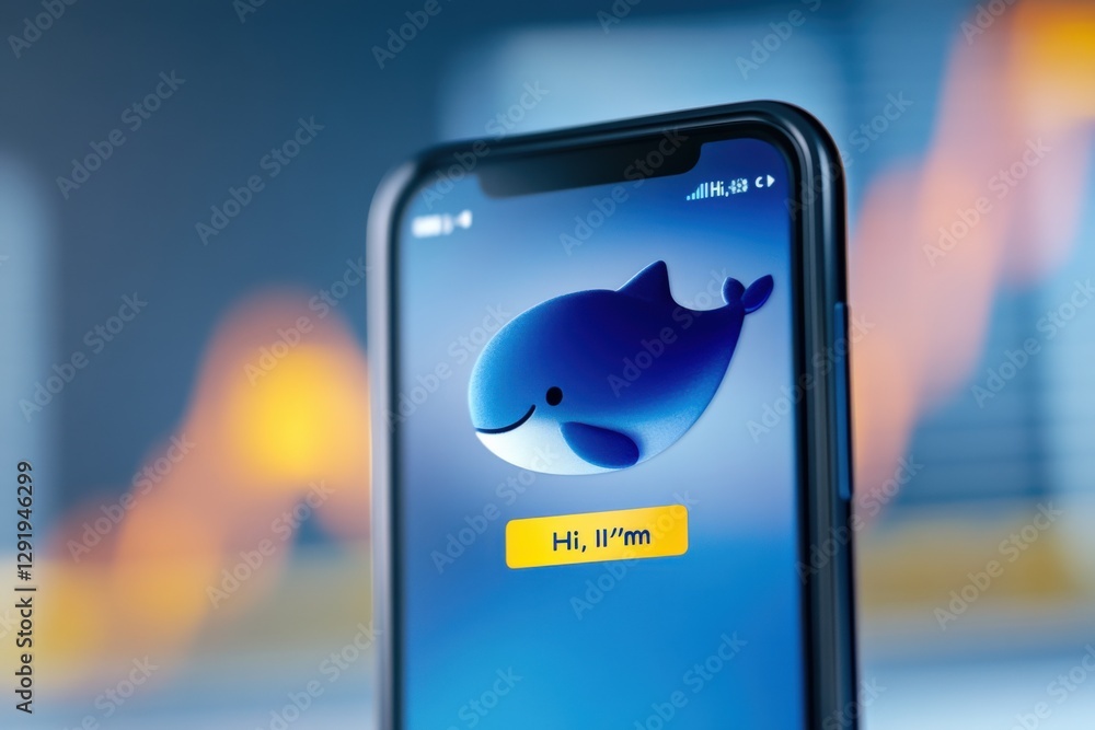 Smartphone display with animated blue fish and greeting.