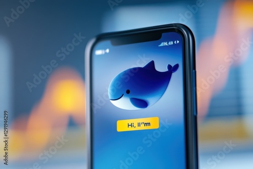 Obraz na płótnie Smartphone display with animated blue fish and greeting. w salonie