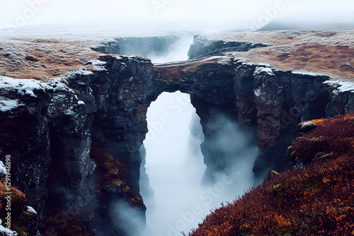 A breathtaking Icelandic landscape featuring a waterfall cascading through a canyon, surrounded by autumn foliage and dramatic rocky terrain photo