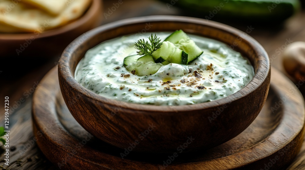 Close-up of a plate with white yogurt tzatziki sauce with cucumber pieces. Yogurt sauce and smooth green guasacaca mayonnaise sauce. Close-up of a plate with white yogurt tzatziki sauce with cucumber pieces. Yogurt sauce and smooth green guasacaca mayonnaise sauce.