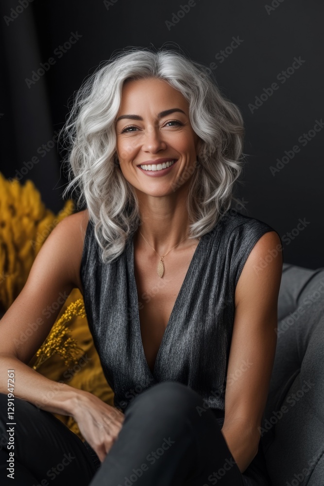 Smiling mature woman with wavy silver hair. She's wearing a dark top and pants. Smiling mature woman with wavy silver hair. She's wearing a dark top and pants.