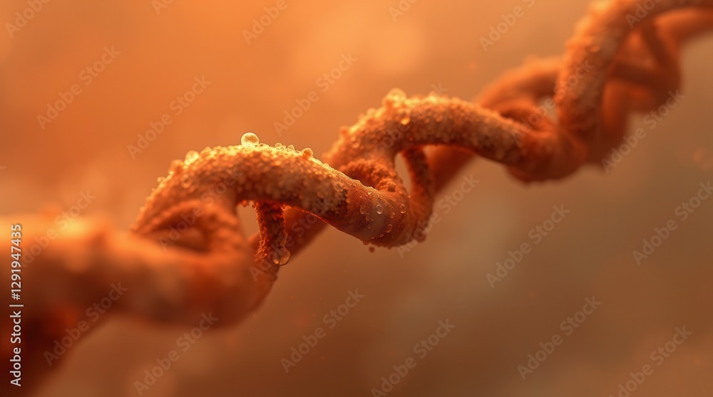 Close up of a vibrant orange double helix with glistening water droplets across its textured surface. Close up of a vibrant orange double helix with glistening water droplets across its textured surface.