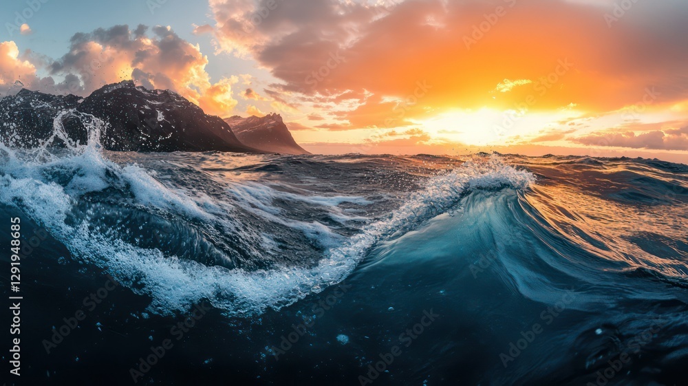 Naklejka premium Closeup of waves at sunset created with Generative AI