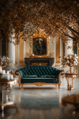 Opulent emerald velvet sofa in a lavishly decorated room.
