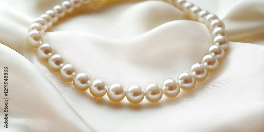 Pearl necklace elegantly displayed on soft, luxurious satin fabric with gentle folds. The lustrous pearls reflect light, creating a sophisticated and timeless aesthetic, Close-up Pearl necklace elegantly displayed on soft, luxurious satin fabric with gentle folds. The lustrous pearls reflect light, creating a sophisticated and timeless aesthetic, Close-up